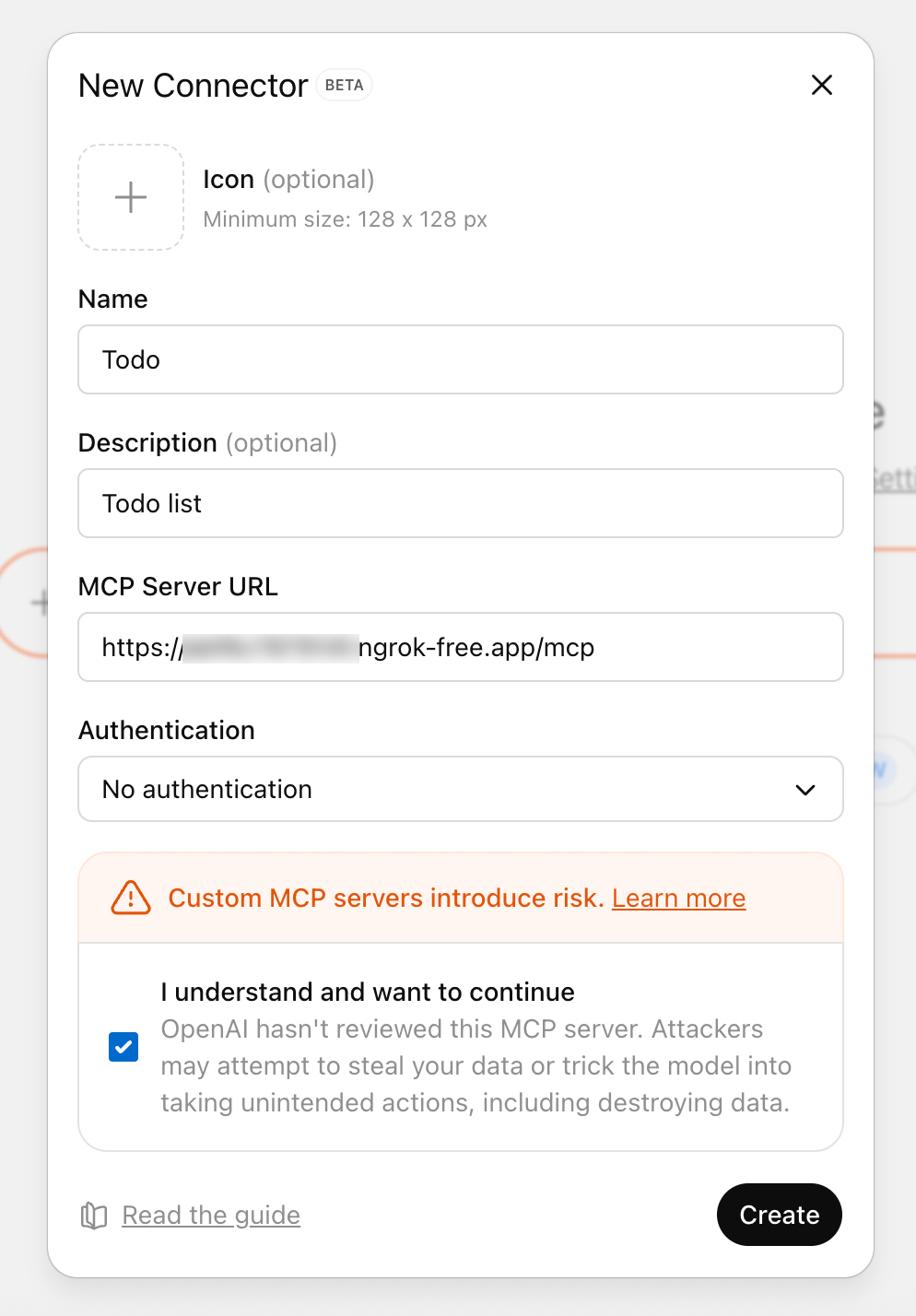 Окно «Create connector» в настройках ChatGPT: поля имени и MCP Server URL